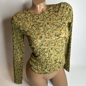 Vintage KOOKAI Womens Size 2 Green Sheer Mesh Leaf Print Long Sleeve Top Y2K